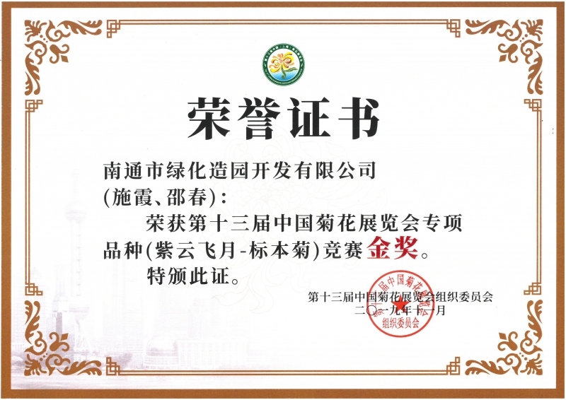 十三屆中國菊花展覽會專項品種（紫云飛月-標本菊）競賽金獎（施霞、邵春）